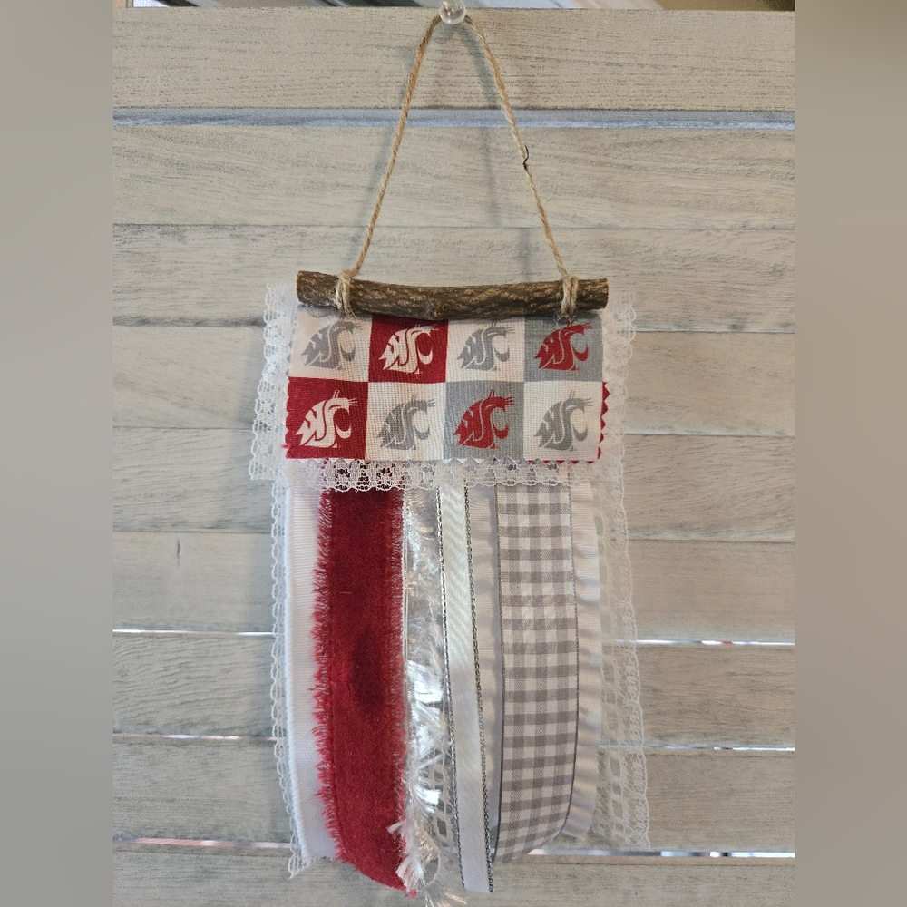 Mini WSU Cougars Ribbon Flag Door Wall Washington State University Homespun Rag